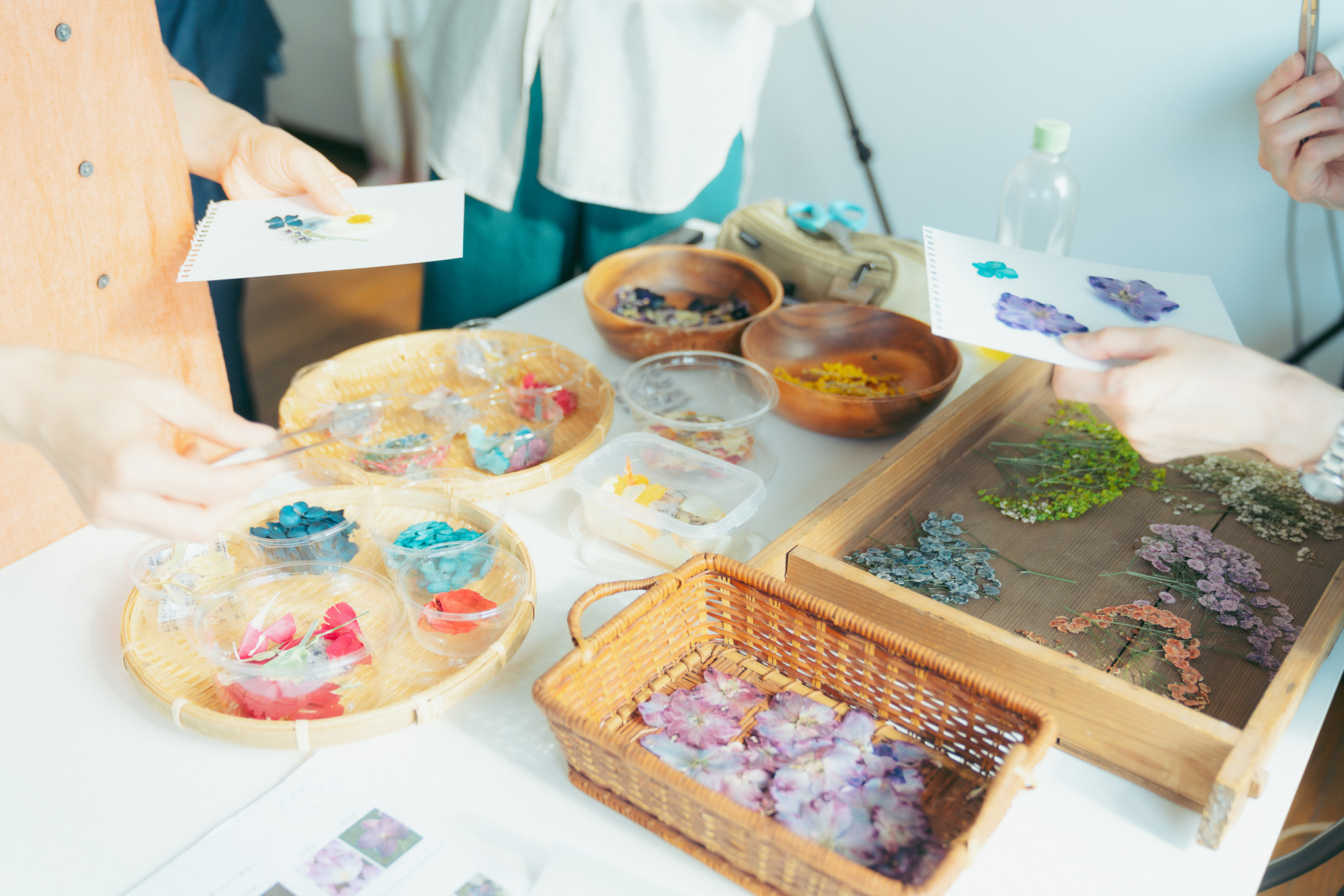 色とりどりの花材を選びながら制作する手元